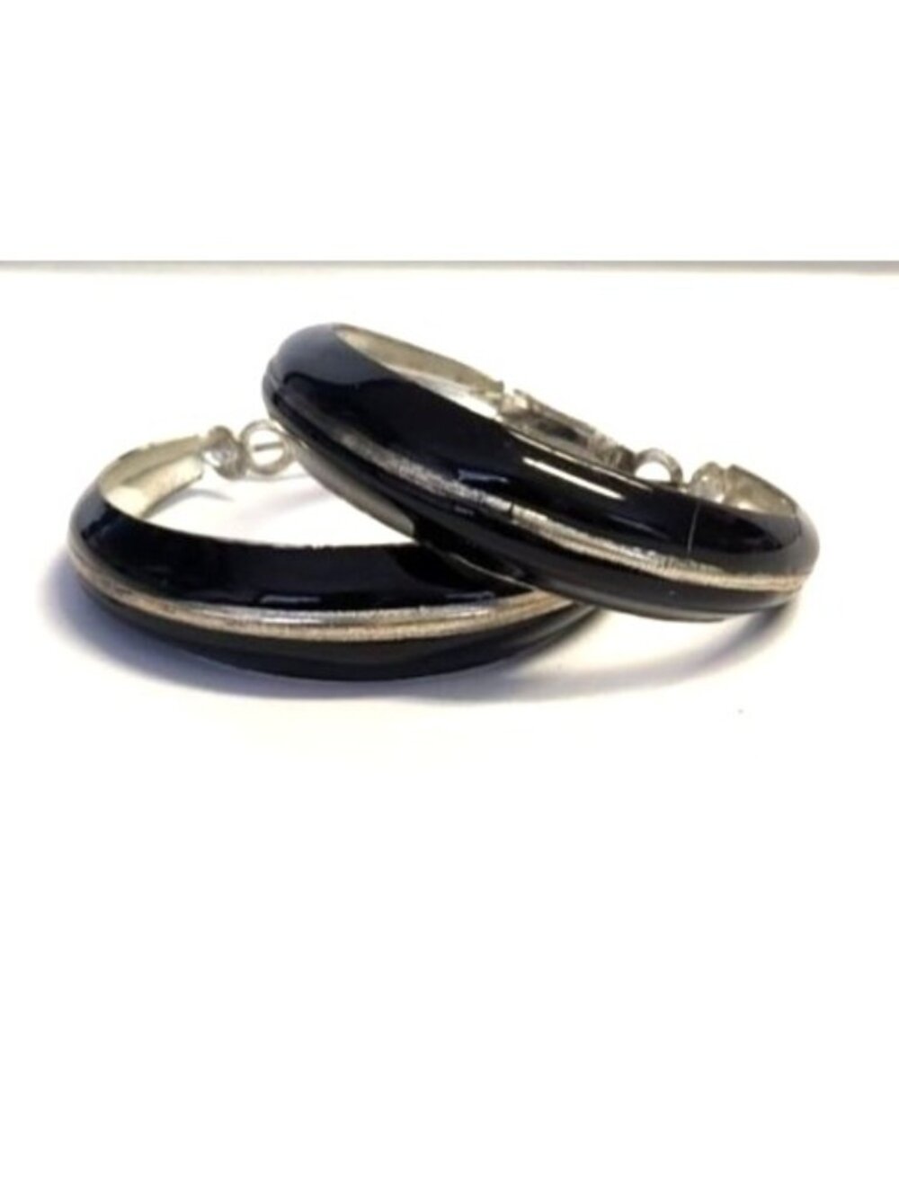 Vintage Black Enamel Hoops With Silver Stripe